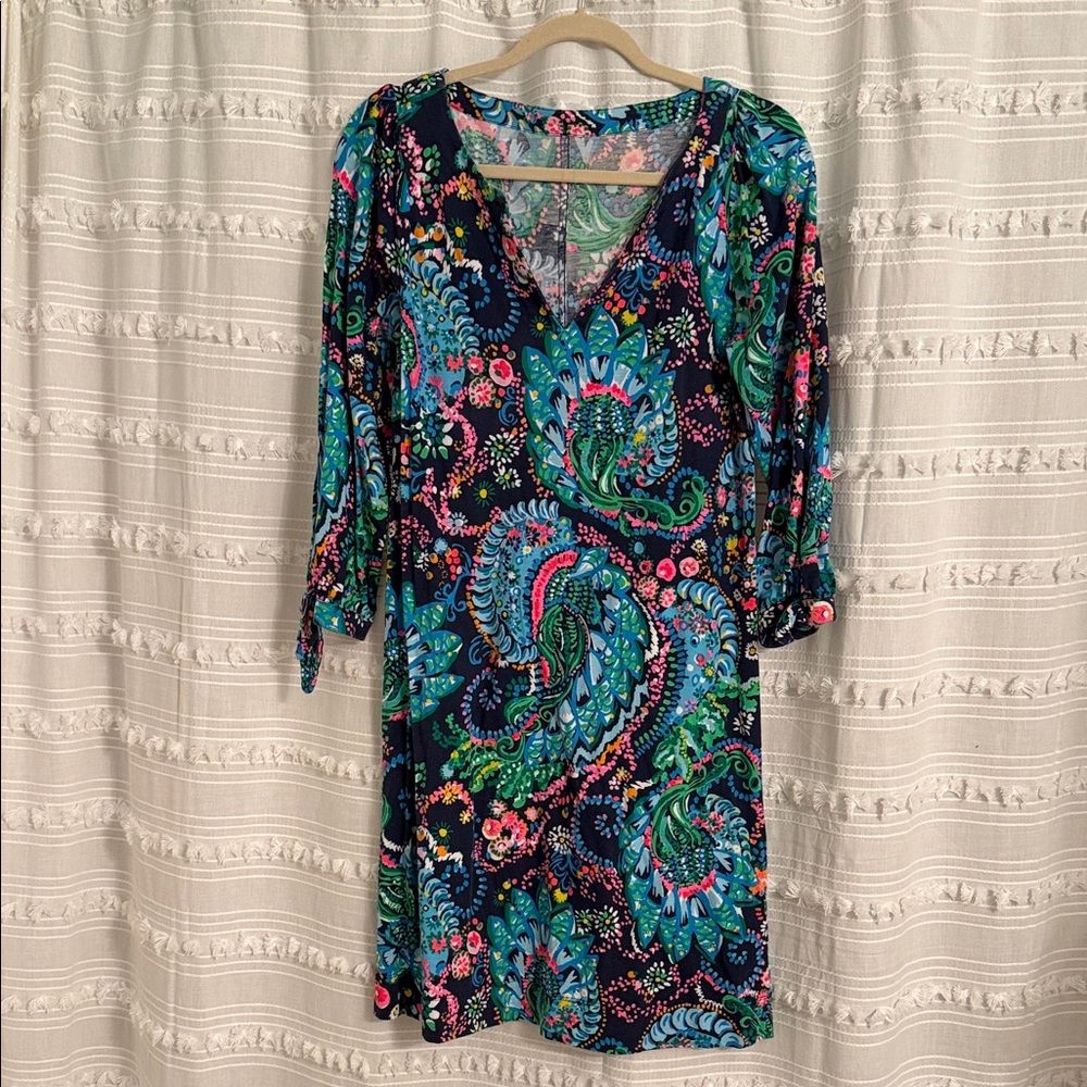 Navy Floral Paisley V-Neck Tunic Dress - Teal, Pink & Green